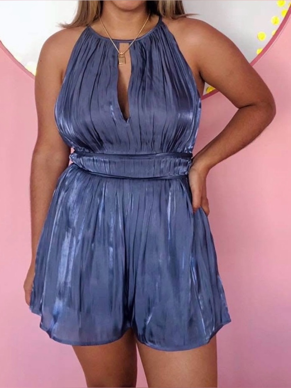 Sugarlips Pleated Halter Romper in Slate Blue